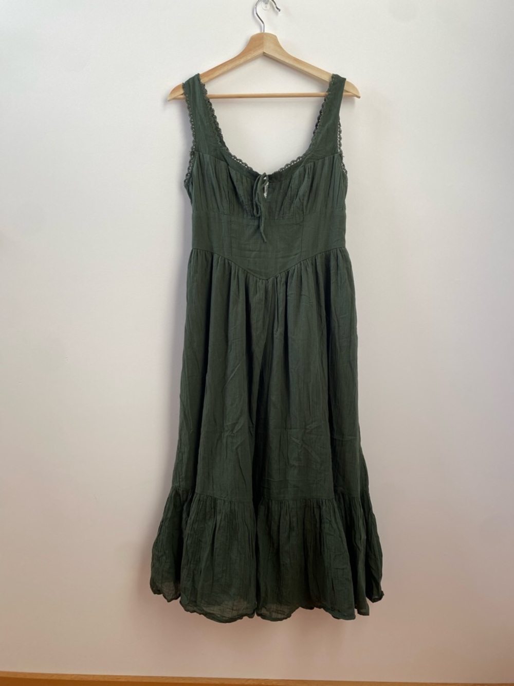 Olive Green Maxi Dress with Lace Trim